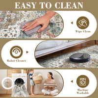 Garvee Persian Camel Green 4x6 Area Rugs, Machine Washable Vintage Printed Soft Low Pile Rugs, Oriental Accent Carpet with Non-Slip Backing, Stain-Resistant Distressed Floor Carpet for Living Room, Hallway, Laundry