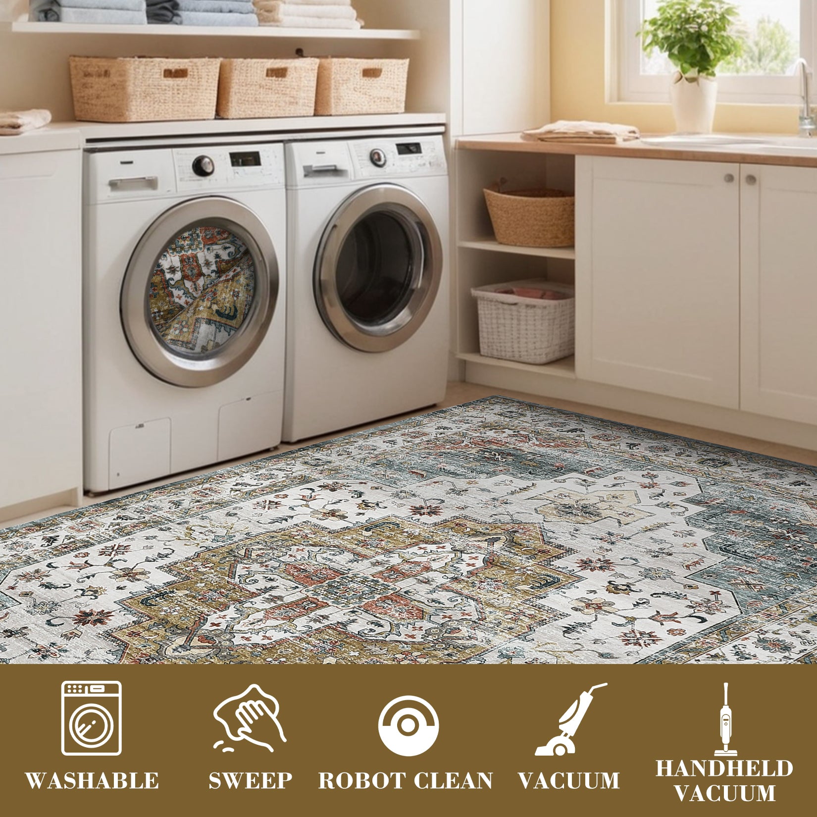 Garvee Persian Camel Green 4x6 Area Rugs, Machine Washable Vintage Printed Soft Low Pile Rugs, Oriental Accent Carpet with Non-Slip Backing, Stain-Resistant Distressed Floor Carpet for Living Room, Hallway, Laundry