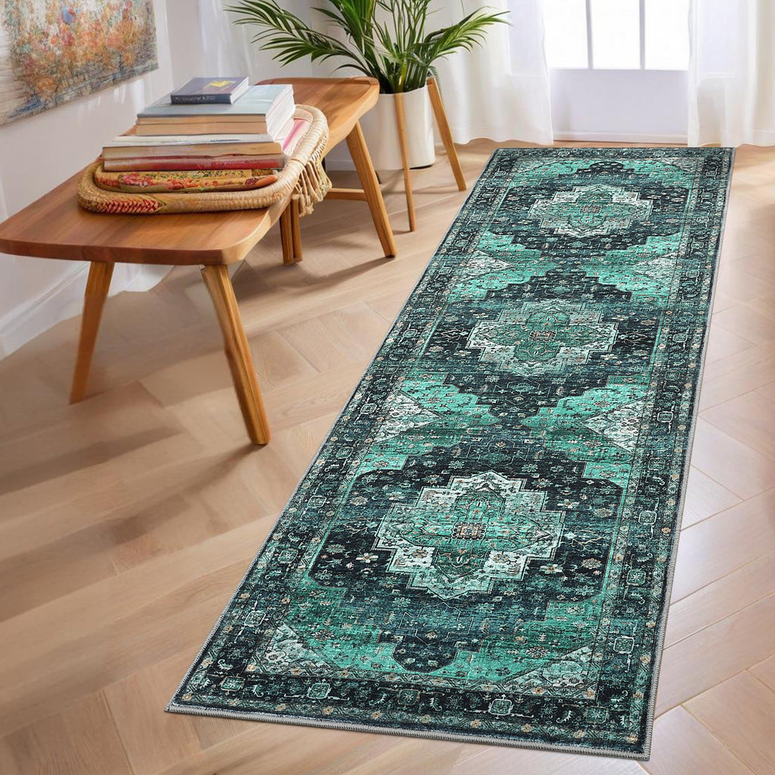 Garvee Persian Green 2x6 Area Machine Washable Vintage Printed Soft Low Pile Rugs, Oriental Accent Carpet with Non-Slip Backing, Stain-Resistant Distressed Floor Carpet for Living Room, Hallway, Laundry