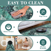 Garvee Persian Green 2x6 Area Machine Washable Vintage Printed Soft Low Pile Rugs, Oriental Accent Carpet with Non-Slip Backing, Stain-Resistant Distressed Floor Carpet for Living Room, Hallway, Laundry