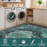 Garvee Persian Green 2x6 Area Machine Washable Vintage Printed Soft Low Pile Rugs, Oriental Accent Carpet with Non-Slip Backing, Stain-Resistant Distressed Floor Carpet for Living Room, Hallway, Laundry