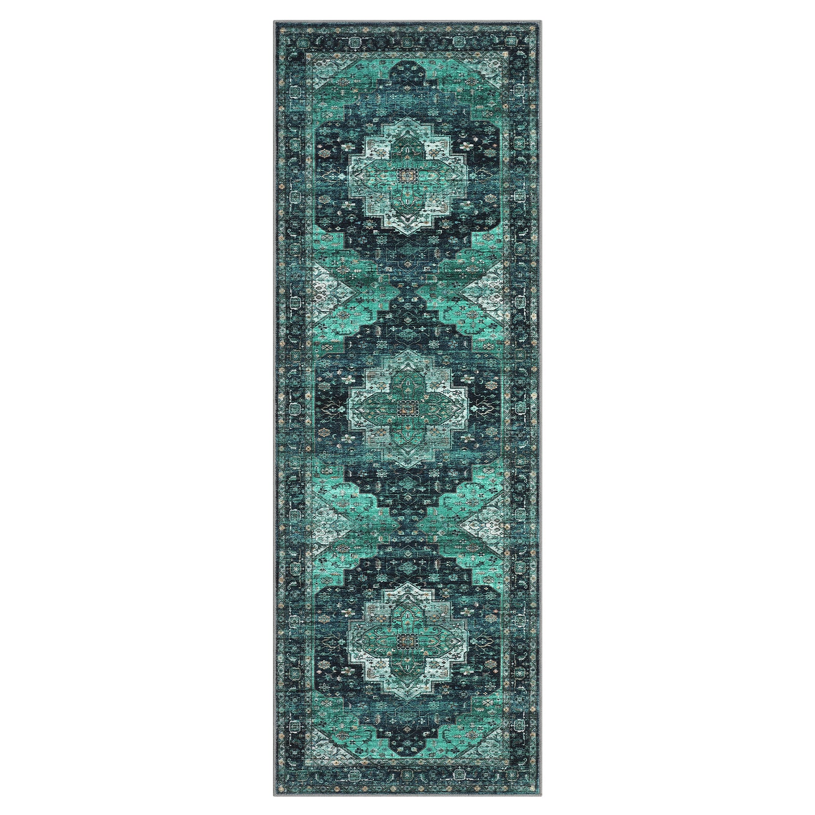 Garvee Persian Green 2x6 Area Machine Washable Vintage Printed Soft Low Pile Rugs, Oriental Accent Carpet with Non-Slip Backing, Stain-Resistant Distressed Floor Carpet for Living Room, Hallway, Laundry