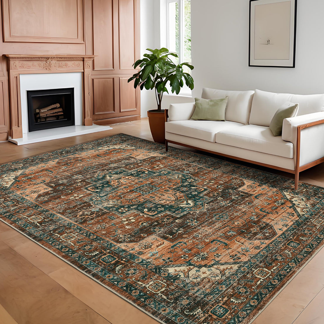 Garvee Persian Brown 5x7 Area Rugs, Machine Washable Vintage Printed Soft Low Pile Rugs, Oriental Accent Carpet with Non-Slip Backing, Stain-Resistant Distressed Floor Carpet for Living Room, Hallway, Laundry