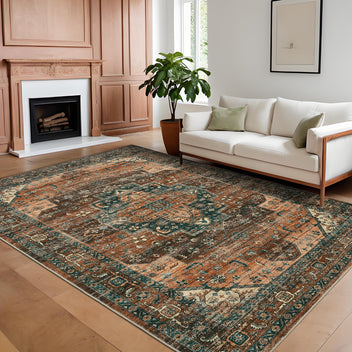 Garvee Persian Brown 5x7 Area Rugs, Machine Washable Vintage Printed Soft Low Pile Rugs, Oriental Accent Carpet with Non-Slip Backing, Stain-Resistant Distressed Floor Carpet for Living Room, Hallway, Laundry