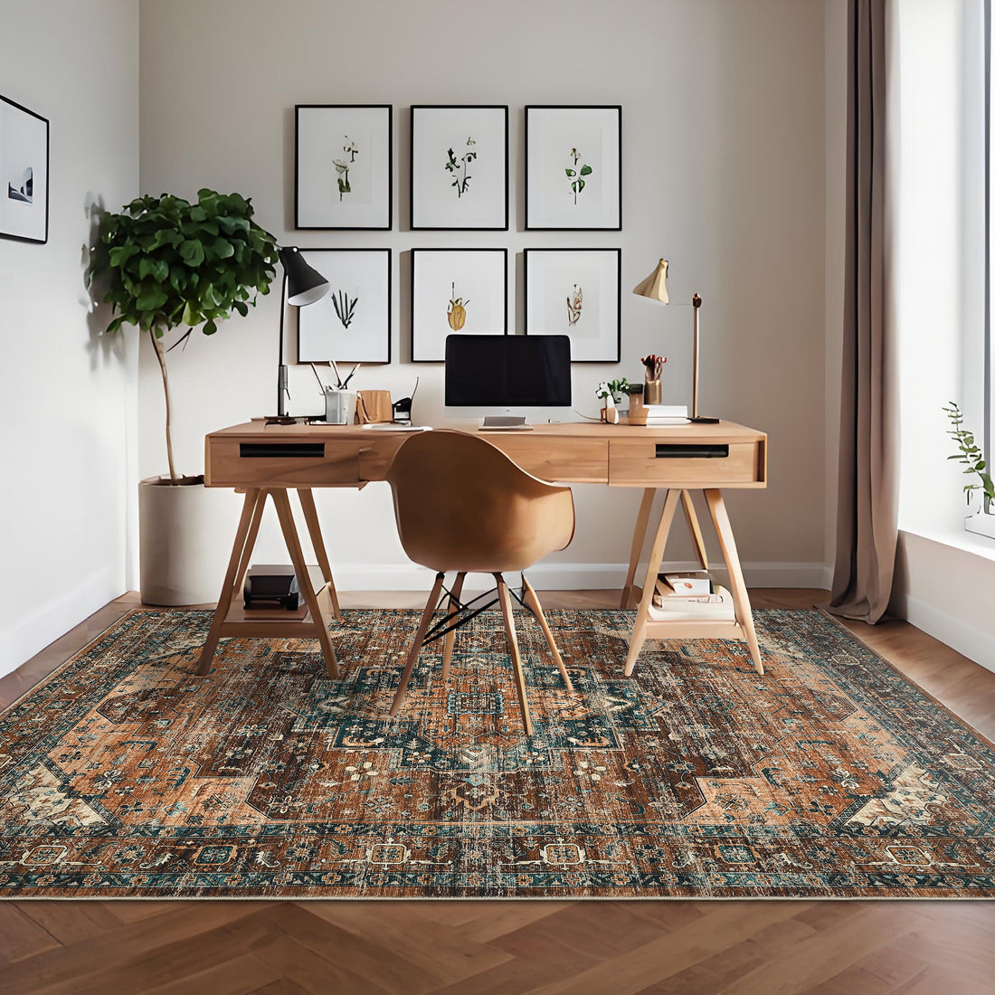 Garvee Persian Brown 5x7 Area Rugs, Machine Washable Vintage Printed Soft Low Pile Rugs, Oriental Accent Carpet with Non-Slip Backing, Stain-Resistant Distressed Floor Carpet for Living Room, Hallway, Laundry
