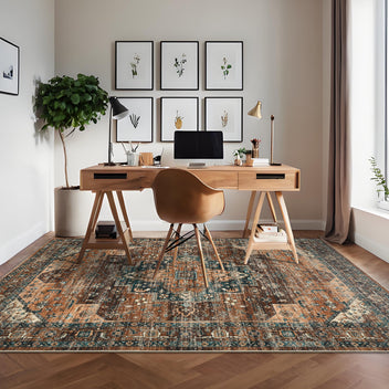 Garvee Persian Brown 5x7 Area Rugs, Machine Washable Vintage Printed Soft Low Pile Rugs, Oriental Accent Carpet with Non-Slip Backing, Stain-Resistant Distressed Floor Carpet for Living Room, Hallway, Laundry