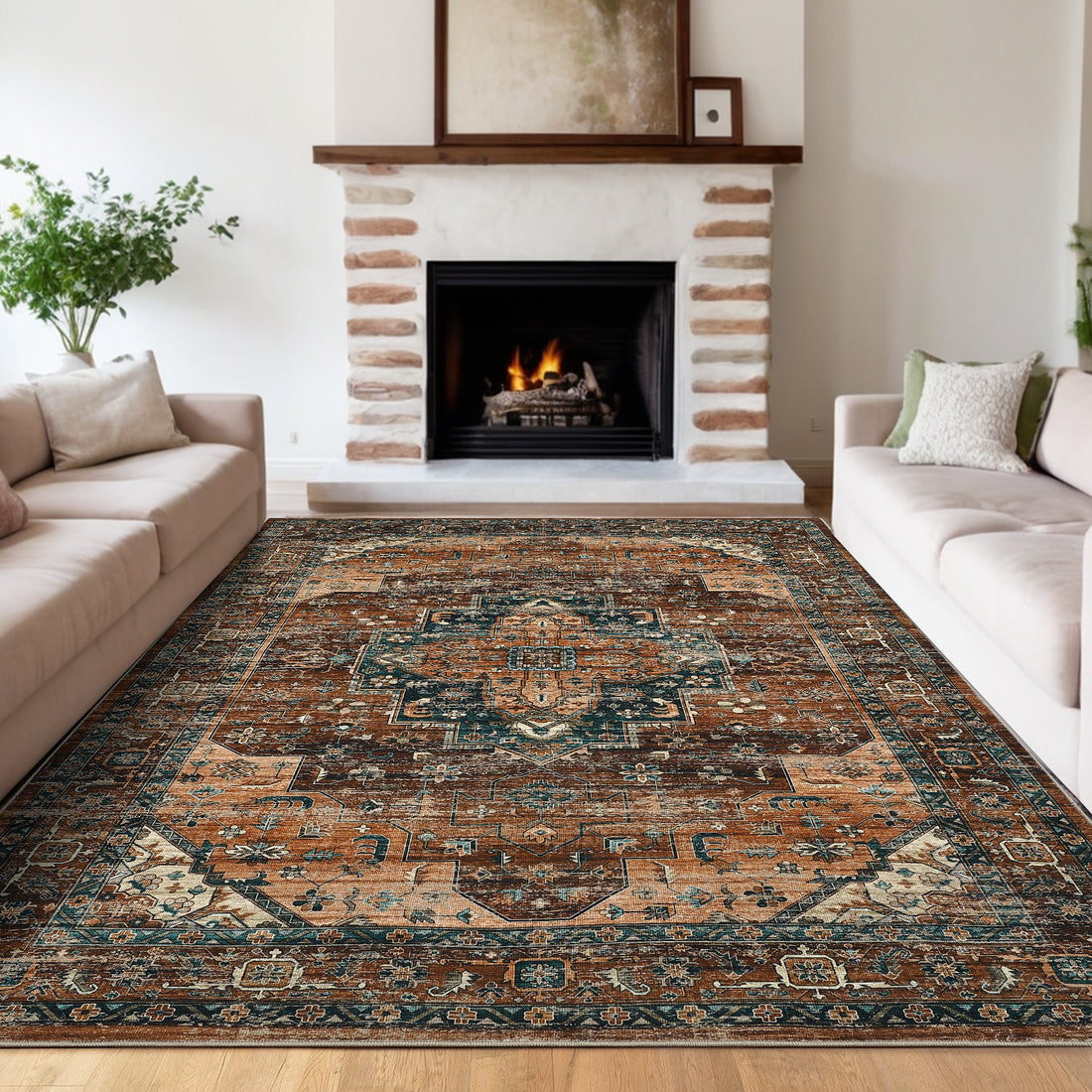 Garvee Persian Brown 8x10 Area Rugs, Machine Washable Vintage Printed Soft Low Pile Rugs, Oriental Accent Carpet with Non-Slip Backing, Stain-Resistant Distressed Floor Carpet for Living Room, Hallway, Laundry