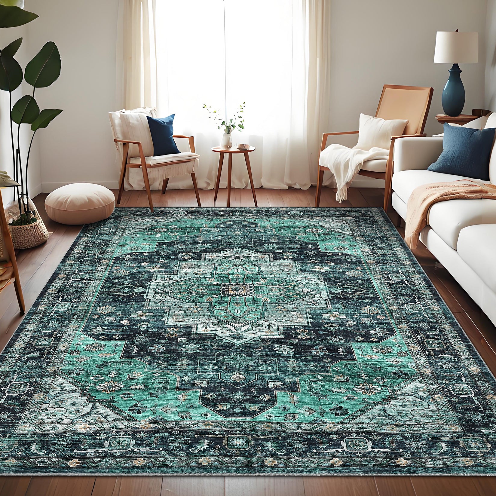 Garvee Persian Green 9x12 Machine Washable Area Rugs, Large Indoor Vintage Floor Carpet, Stain-Resistant Soft Low Pile Distressed Accent Carpet with Non-Slip Backing for Living Room, Bedroom, Green