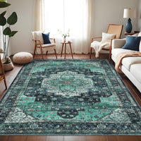 Garvee Persian Green 9x12 Machine Washable Area Rugs, Large Indoor Vintage Floor Carpet, Stain-Resistant Soft Low Pile Distressed Accent Carpet with Non-Slip Backing for Living Room, Bedroom, Green