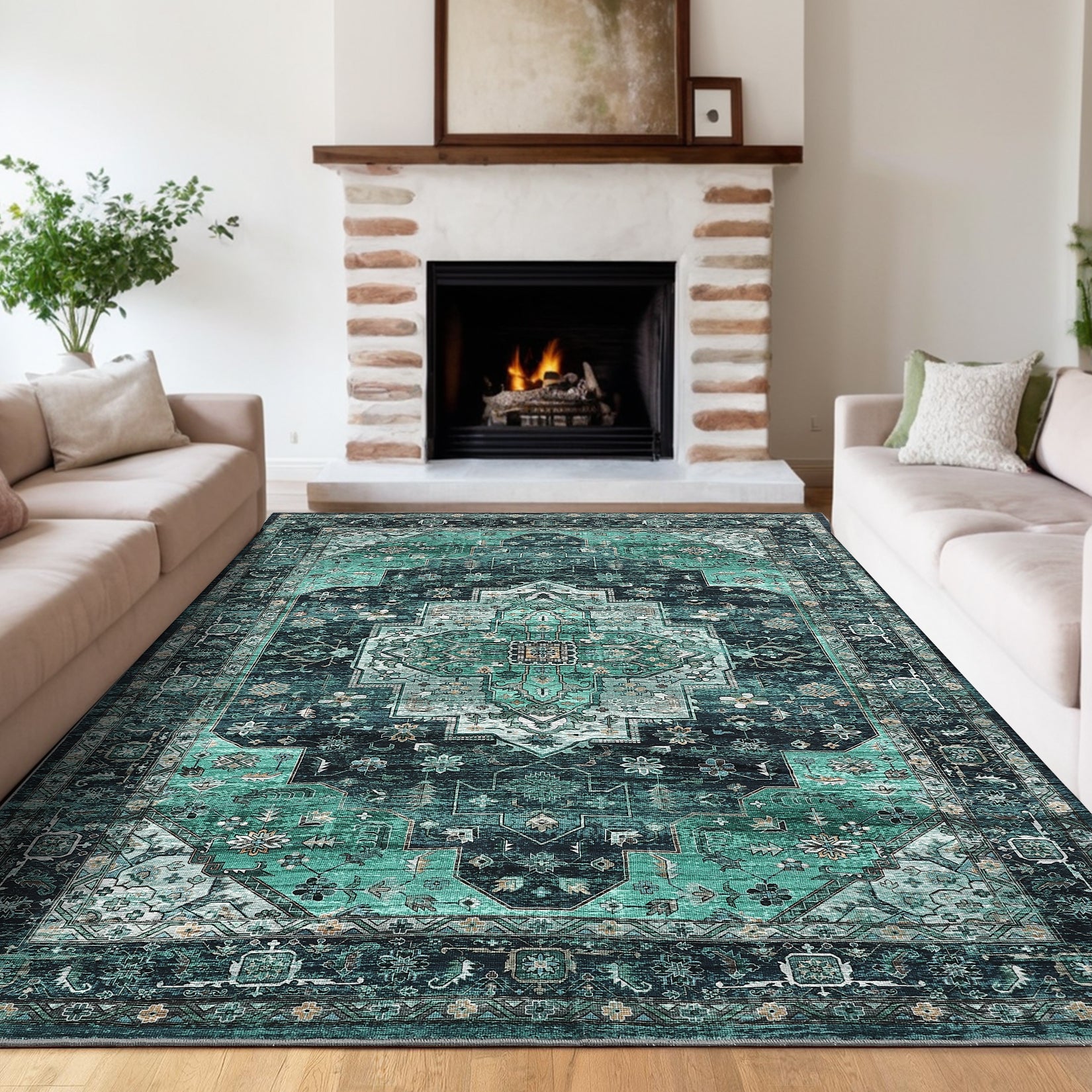 Garvee Persian Green 8x10 Area Rugs, Machine Washable Vintage Printed Soft Low Pile Rugs, Oriental Accent Carpet with Non-Slip Backing, Stain-Resistant Distressed Floor Carpet for Living Room, Hallway, Laundry