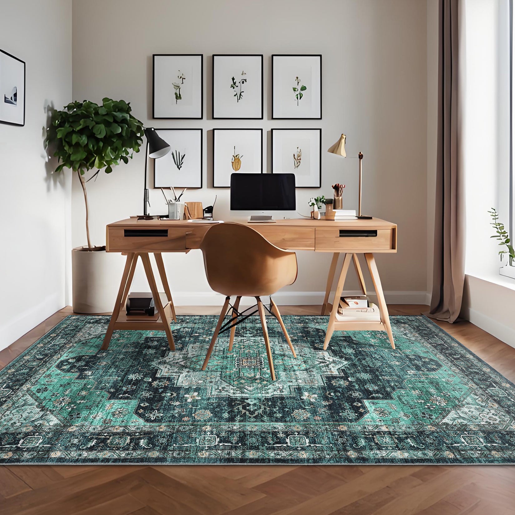 Garvee Persian Green 9x12 Machine Washable Area Rugs, Large Indoor Vintage Floor Carpet, Stain-Resistant Soft Low Pile Distressed Accent Carpet with Non-Slip Backing for Living Room, Bedroom, Green