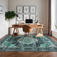 Garvee Persian Green 9x12 Machine Washable Area Rugs, Large Indoor Vintage Floor Carpet, Stain-Resistant Soft Low Pile Distressed Accent Carpet with Non-Slip Backing for Living Room, Bedroom, Green