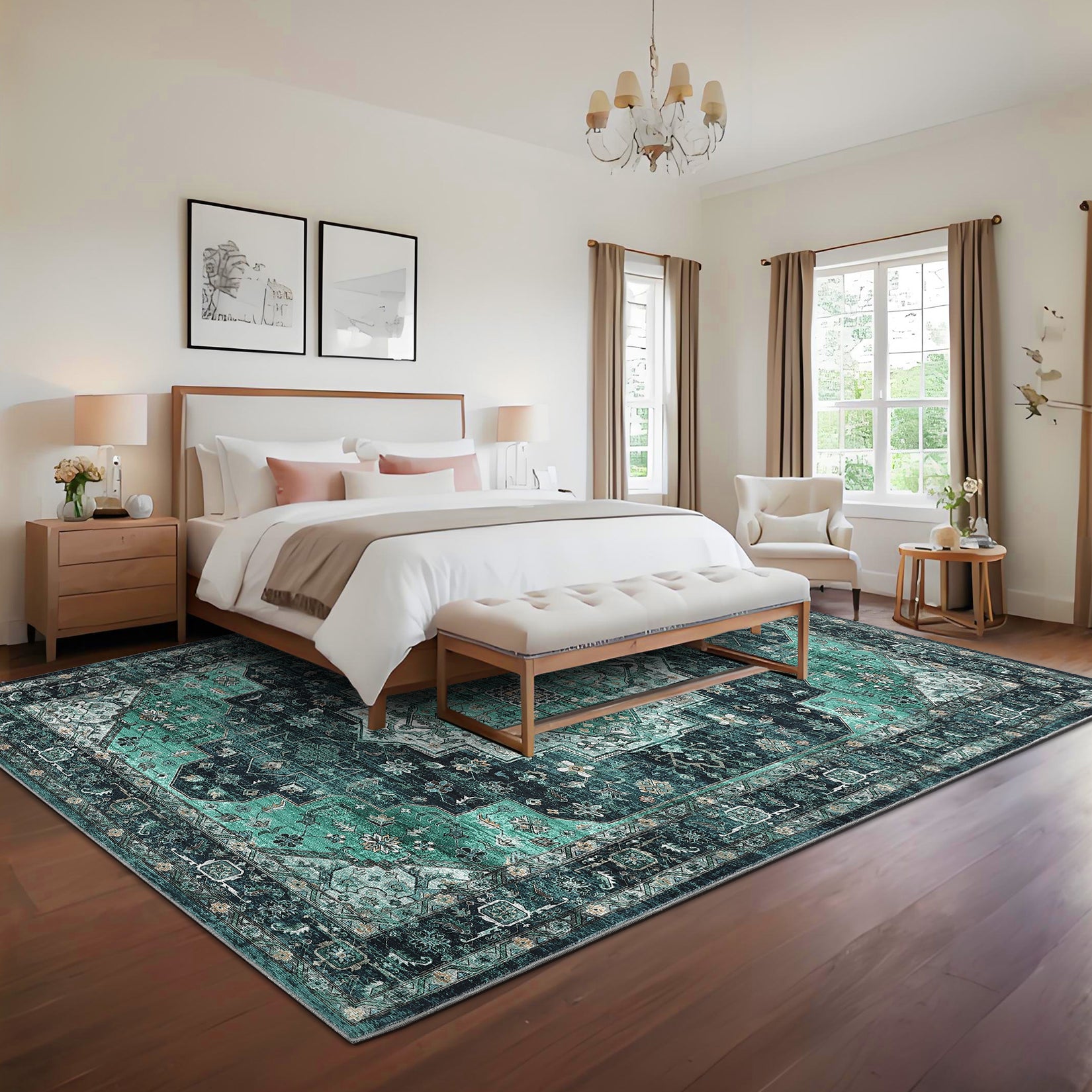 Garvee Persian Green 4x6 Area Rugs, Machine Washable Vintage Printed Soft Low Pile Rugs, Oriental Accent Carpet with Non-Slip Backing, Stain-Resistant Distressed Floor Carpet for Living Room, Hallway, Laundry