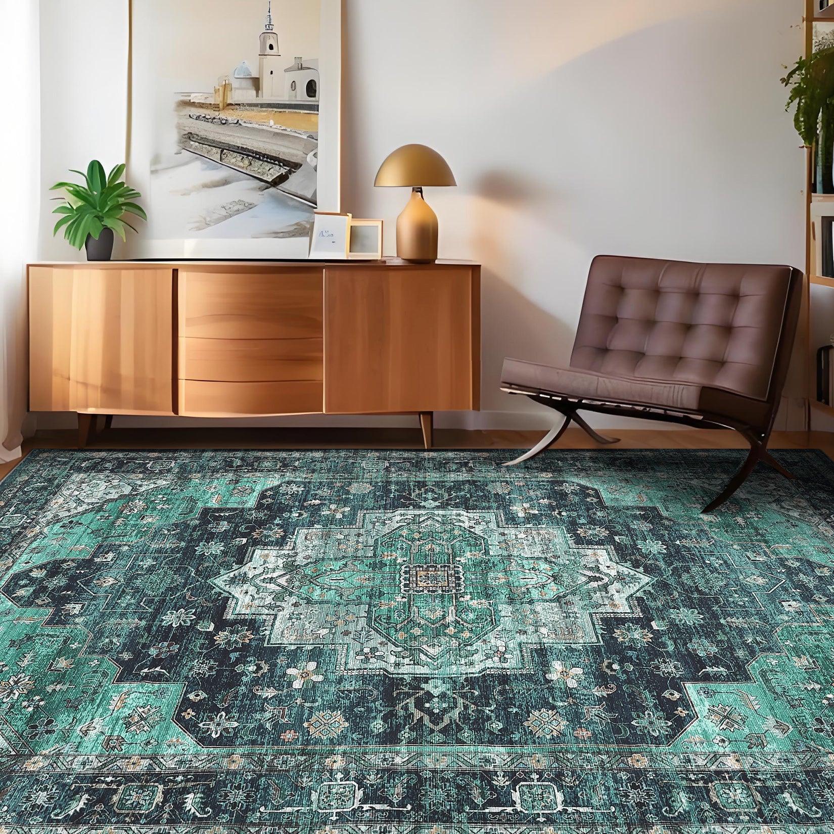 Garvee Persian Green 4x6 Area Rugs, Machine Washable Vintage Printed Soft Low Pile Rugs, Oriental Accent Carpet with Non-Slip Backing, Stain-Resistant Distressed Floor Carpet for Living Room, Hallway, Laundry