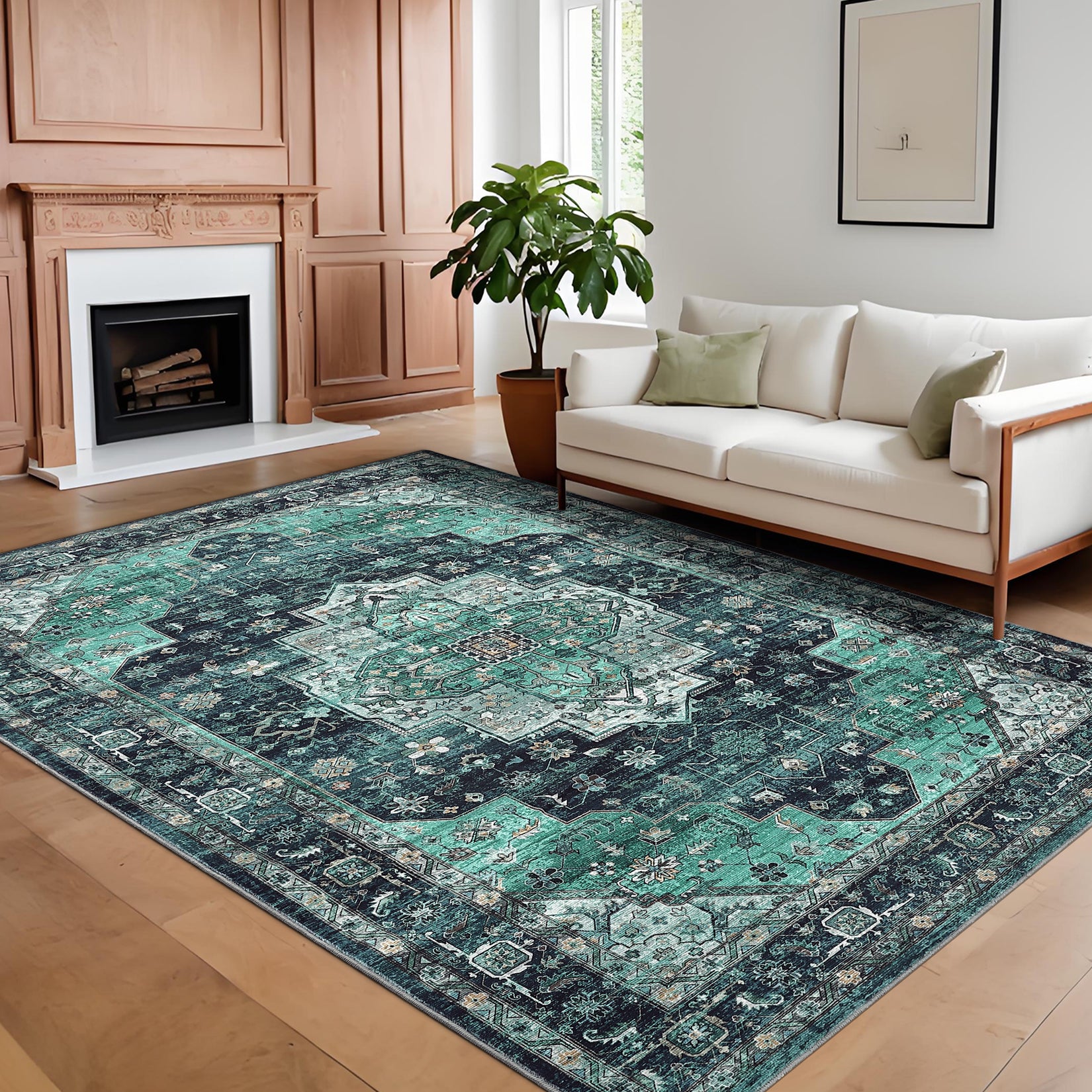 Garvee Persian Green 4x6 Area Rugs, Machine Washable Vintage Printed Soft Low Pile Rugs, Oriental Accent Carpet with Non-Slip Backing, Stain-Resistant Distressed Floor Carpet for Living Room, Hallway, Laundry