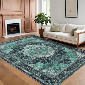 Garvee Persian Green 4x6 Area Rugs, Machine Washable Vintage Printed Soft Low Pile Rugs, Oriental Accent Carpet with Non-Slip Backing, Stain-Resistant Distressed Floor Carpet for Living Room, Hallway, Laundry