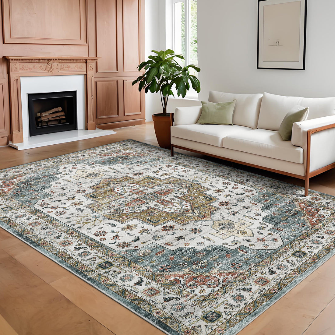 Garvee Persian Camel Green 5x7 Vintage Machine Washable Area Rug – Non-Slip, Stain-Resistant Oriental Low-Pile Carpet, Distressed Accent Rug for Bedroom, Office, Laundry, Camel Green