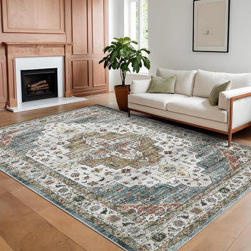 Garvee Persian Camel Green 4x6 Area Rugs, Machine Washable Vintage Printed Soft Low Pile Rugs, Oriental Accent Carpet with Non-Slip Backing, Stain-Resistant Distressed Floor Carpet for Living Room, Hallway, Laundry