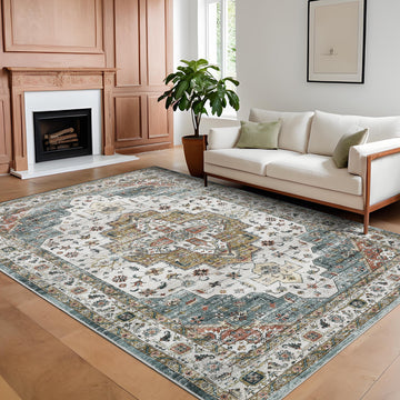 Garvee Persian Camel Green 4x6 Area Rugs, Machine Washable Vintage Printed Soft Low Pile Rugs, Oriental Accent Carpet with Non-Slip Backing, Stain-Resistant Distressed Floor Carpet for Living Room, Hallway, Laundry