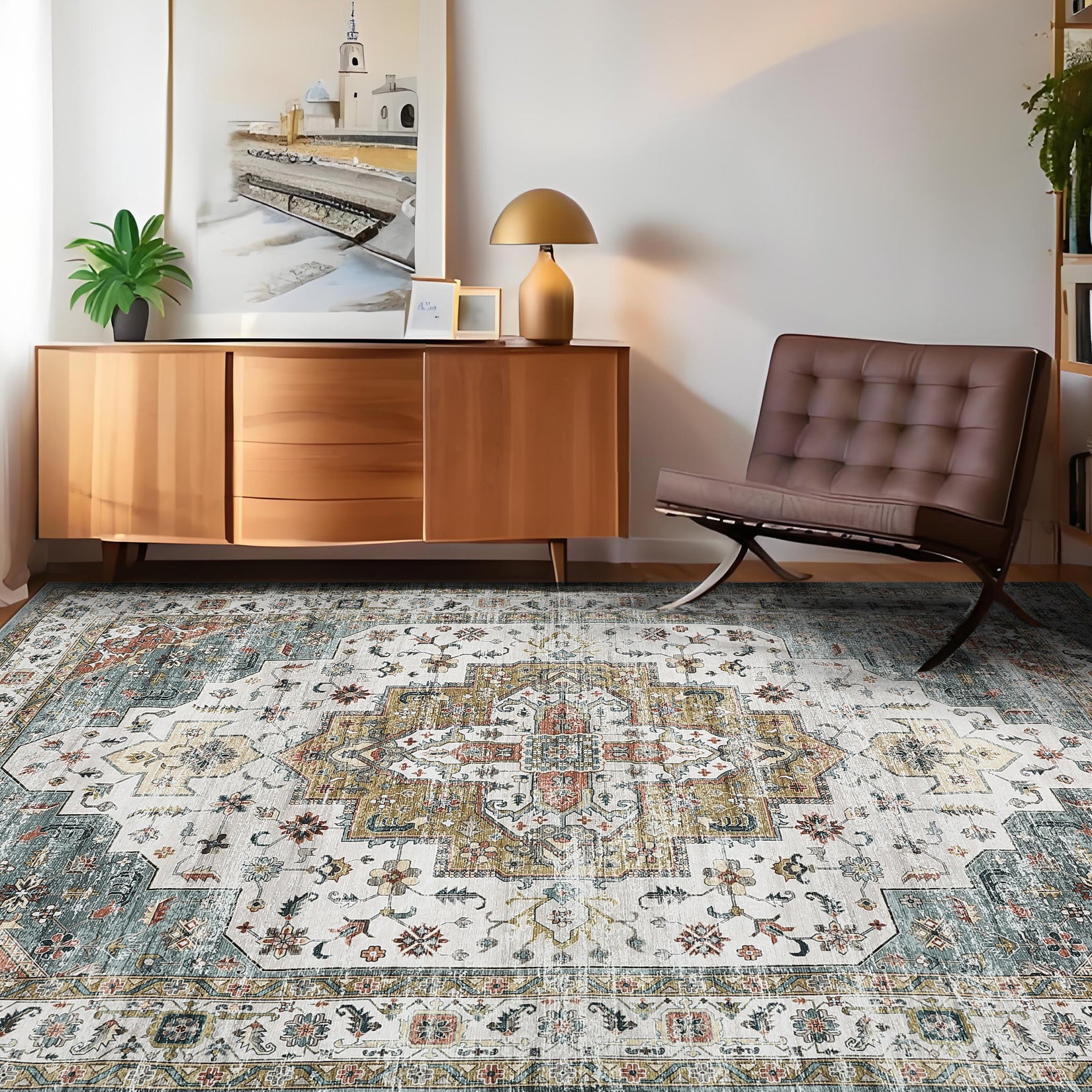 Garvee Persian Camel Green 4x6 Area Rugs, Machine Washable Vintage Printed Soft Low Pile Rugs, Oriental Accent Carpet with Non-Slip Backing, Stain-Resistant Distressed Floor Carpet for Living Room, Hallway, Laundry