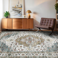 Garvee Persian Camel Green 4x6 Area Rugs, Machine Washable Vintage Printed Soft Low Pile Rugs, Oriental Accent Carpet with Non-Slip Backing, Stain-Resistant Distressed Floor Carpet for Living Room, Hallway, Laundry