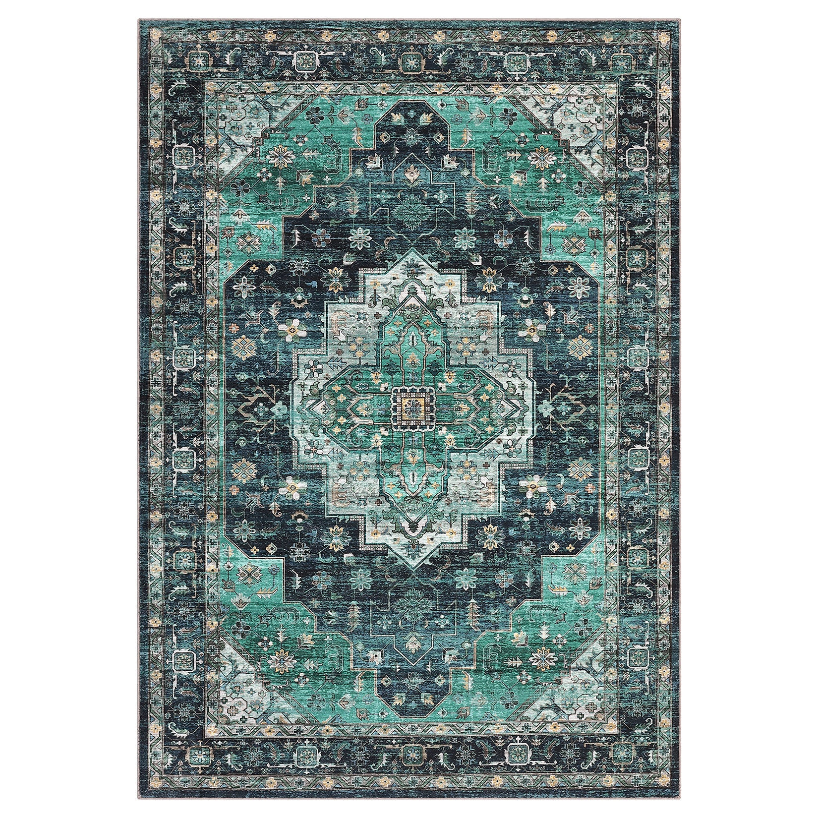 Garvee Persian Green 9x12 Machine Washable Area Rugs, Large Indoor Vintage Floor Carpet, Stain-Resistant Soft Low Pile Distressed Accent Carpet with Non-Slip Backing for Living Room, Bedroom, Green