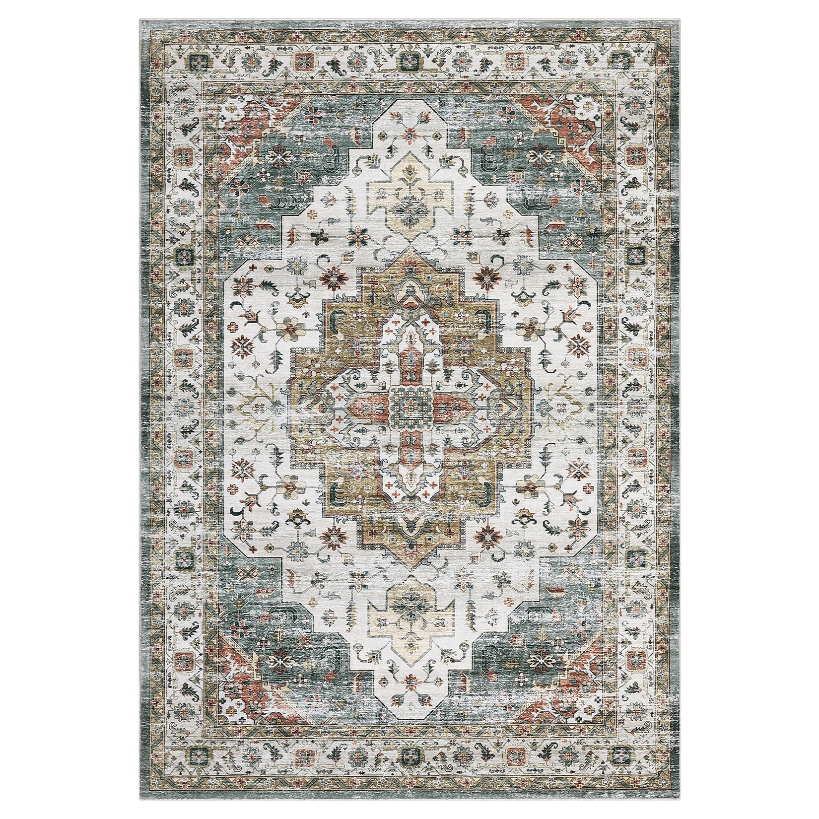 Garvee Persian Camel Green 4x6 Area Rugs, Machine Washable Vintage Printed Soft Low Pile Rugs, Oriental Accent Carpet with Non-Slip Backing, Stain-Resistant Distressed Floor Carpet for Living Room, Hallway, Laundry