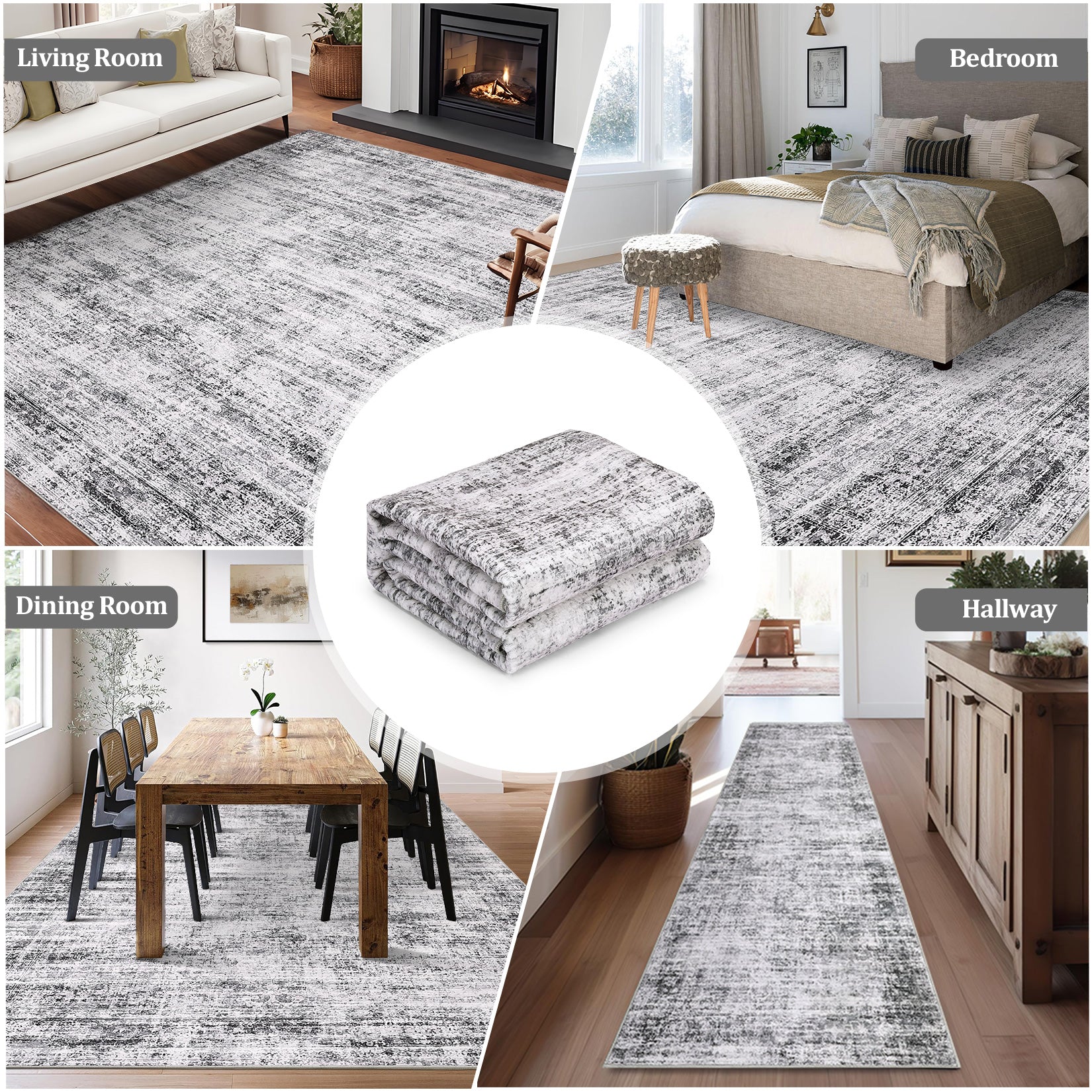 Garvee Persian Grey 8x10 Washable Area Rugs, Soft Vintage Distressed Large Living Room Rug Retro Farmhouse Non Slip Low Pile Indoor Foldable Carpet for Bedroom Dining Room Office