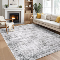 Garvee Persian Grey 9x12 Washable Area Rug for Living Room, Soft Vintage Distressed Large Bedroom Rug Retro Farmhouse Non Slip Low Pile Indoor Foldable Carpet for Dining Room Office