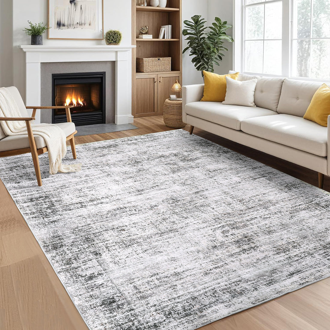 Garvee Persian Grey 8x10 Washable Area Rugs, Soft Vintage Distressed Large Living Room Rug Retro Farmhouse Non Slip Low Pile Indoor Foldable Carpet for Bedroom Dining Room Office