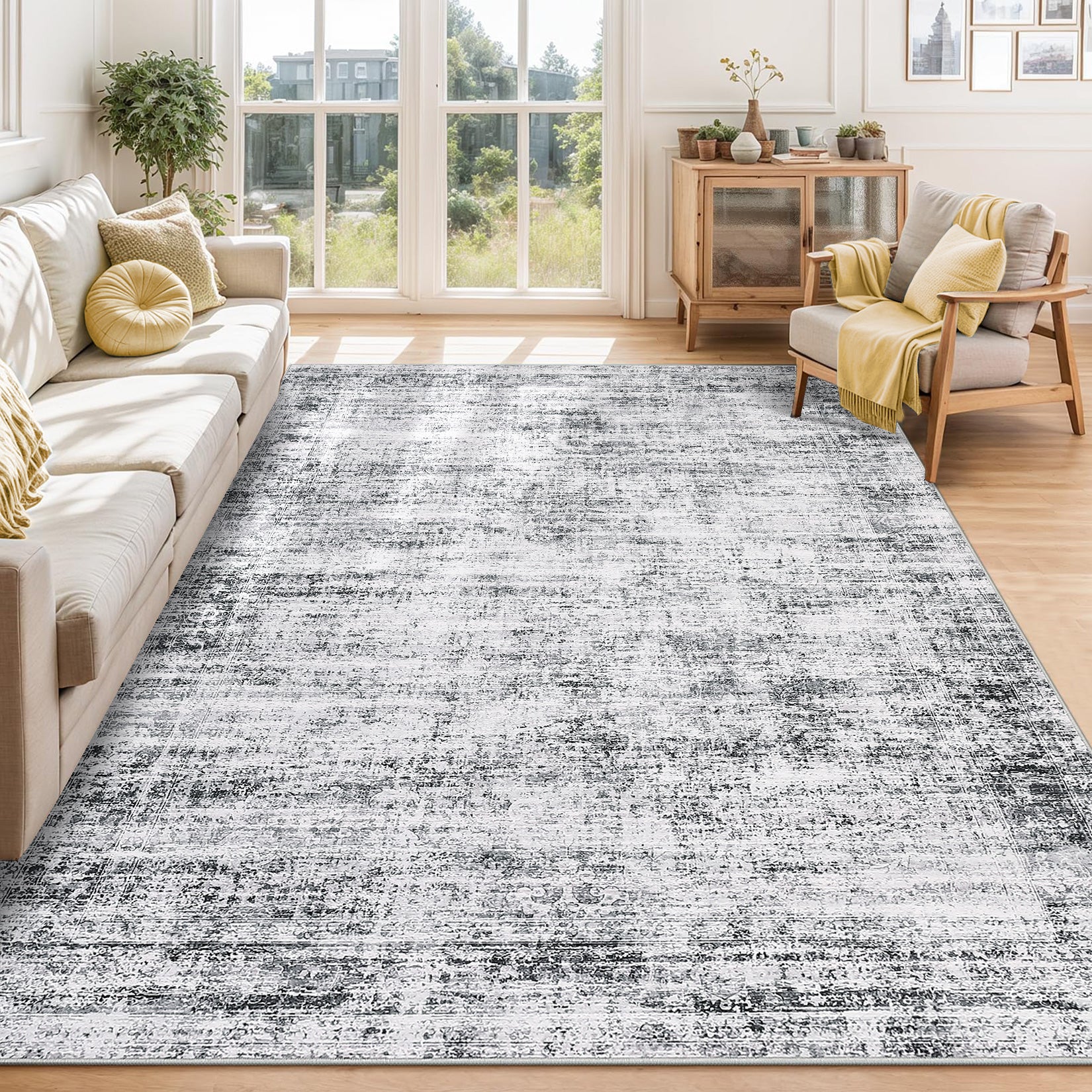 Garvee Persian Grey 9x12 Washable Area Rug for Living Room, Soft Vintage Distressed Large Bedroom Rug Retro Farmhouse Non Slip Low Pile Indoor Foldable Carpet for Dining Room Office
