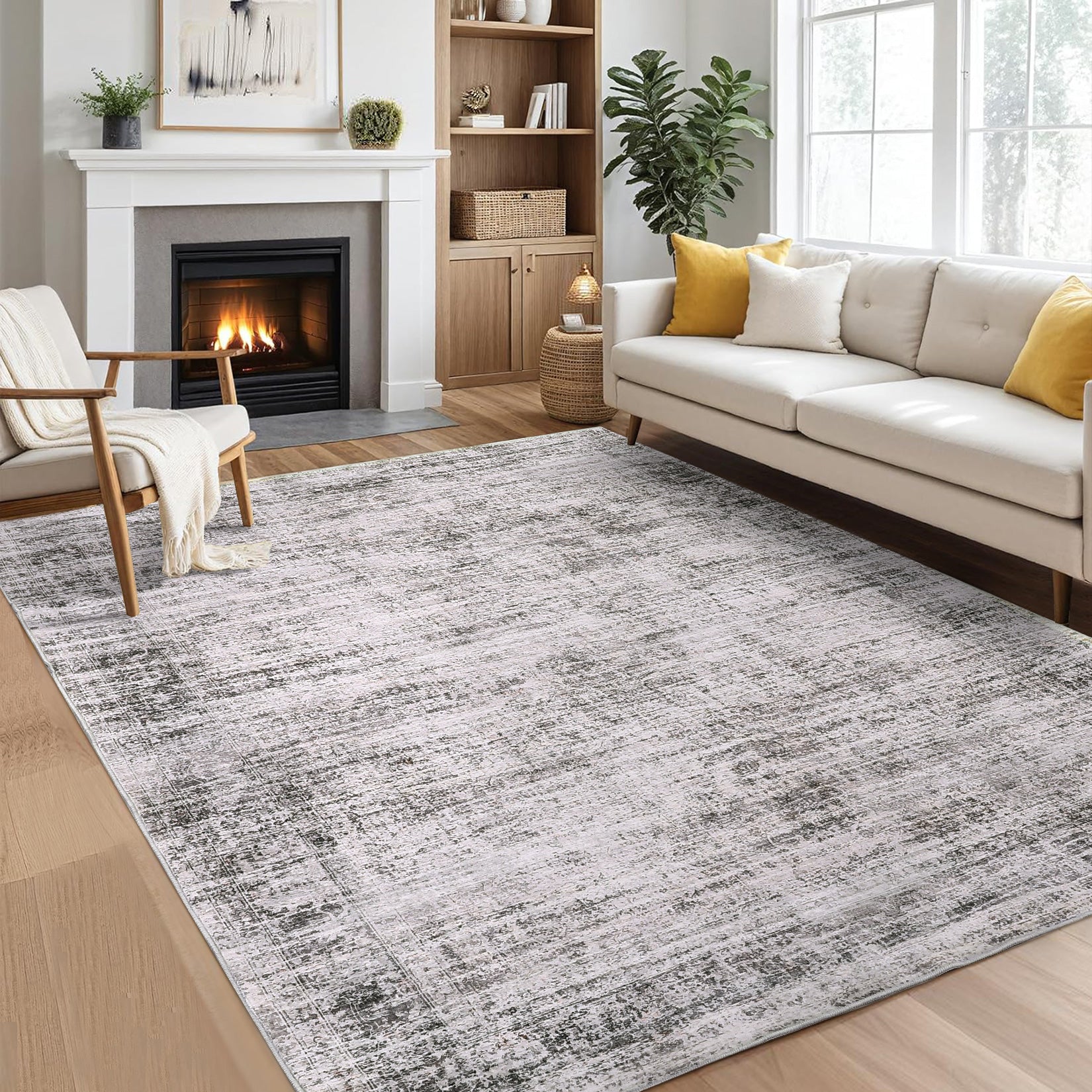 Garvee Persian Taupe 5x7 Area Washable Rugs, Soft Vintage Distressed Large Living Room Rug Retro Farmhouse Non Slip Indoor Foldable Thin Carpet for Bedroom Dining Room Office