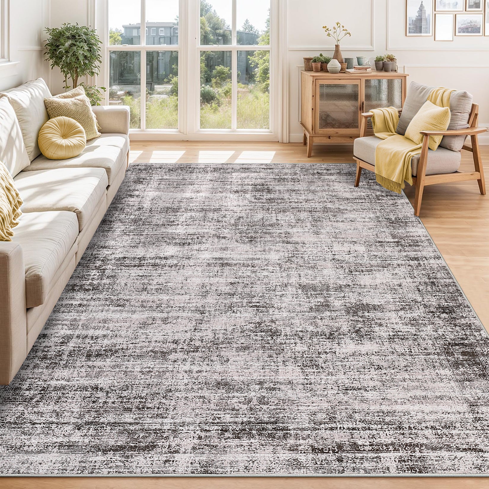 Garvee Persian Taupe 6x9 Area Washable Rugs, Soft Vintage Distressed Large Living Room Rug Retro Farmhouse Non Slip Low Pile Indoor Foldable Carpet for Bedroom Dining Room Office