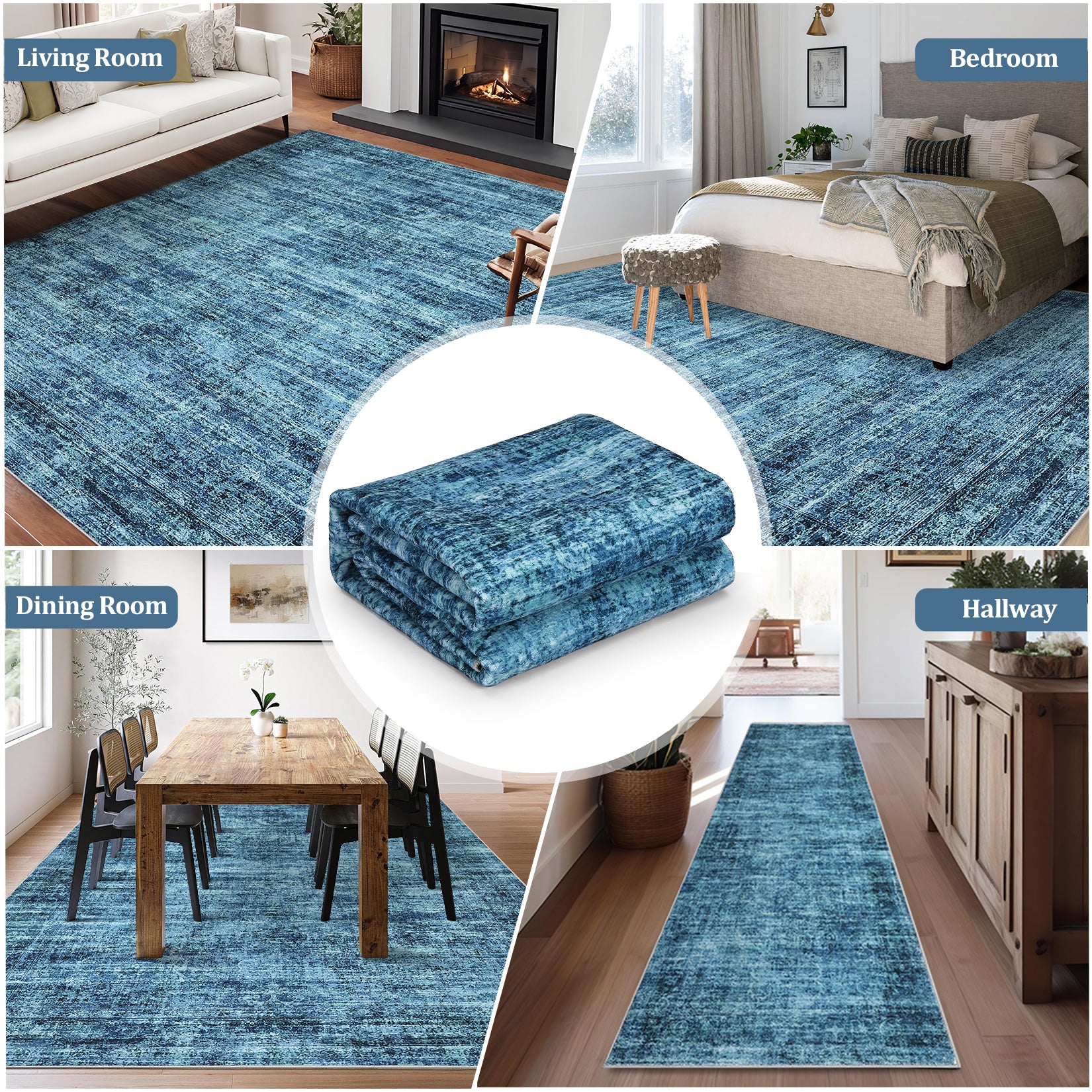 Garvee Persian Blue 6x9 Washable Area Rugs, Soft Vintage Distressed Large Living Room Rug Retro Farmhouse Non Slip Low Pile Indoor Foldable Carpet for Bedroom Dining Room Office