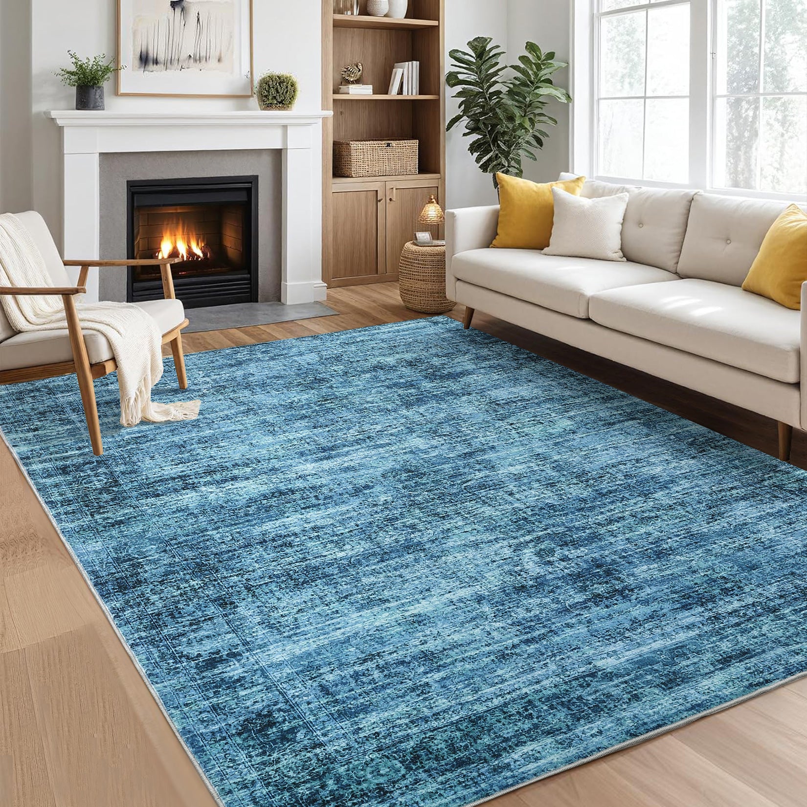 Garvee Persian Blue 8x10 Washable Area Rug, Soft Vintage Distressed Large Living Room Rug Retro Farmhouse Non Slip Low Pile Indoor Foldable Carpet for Bedroom Dining Room Office