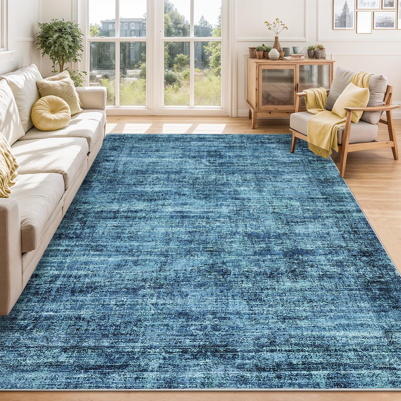Garvee Persian Blue 10x13 Washable Area Rug for Living Room, Soft Vintage Distressed Large Bedroom Rug Retro Farmhouse Non Slip Low Pile Indoor Foldable Carpet for Dining Room Office