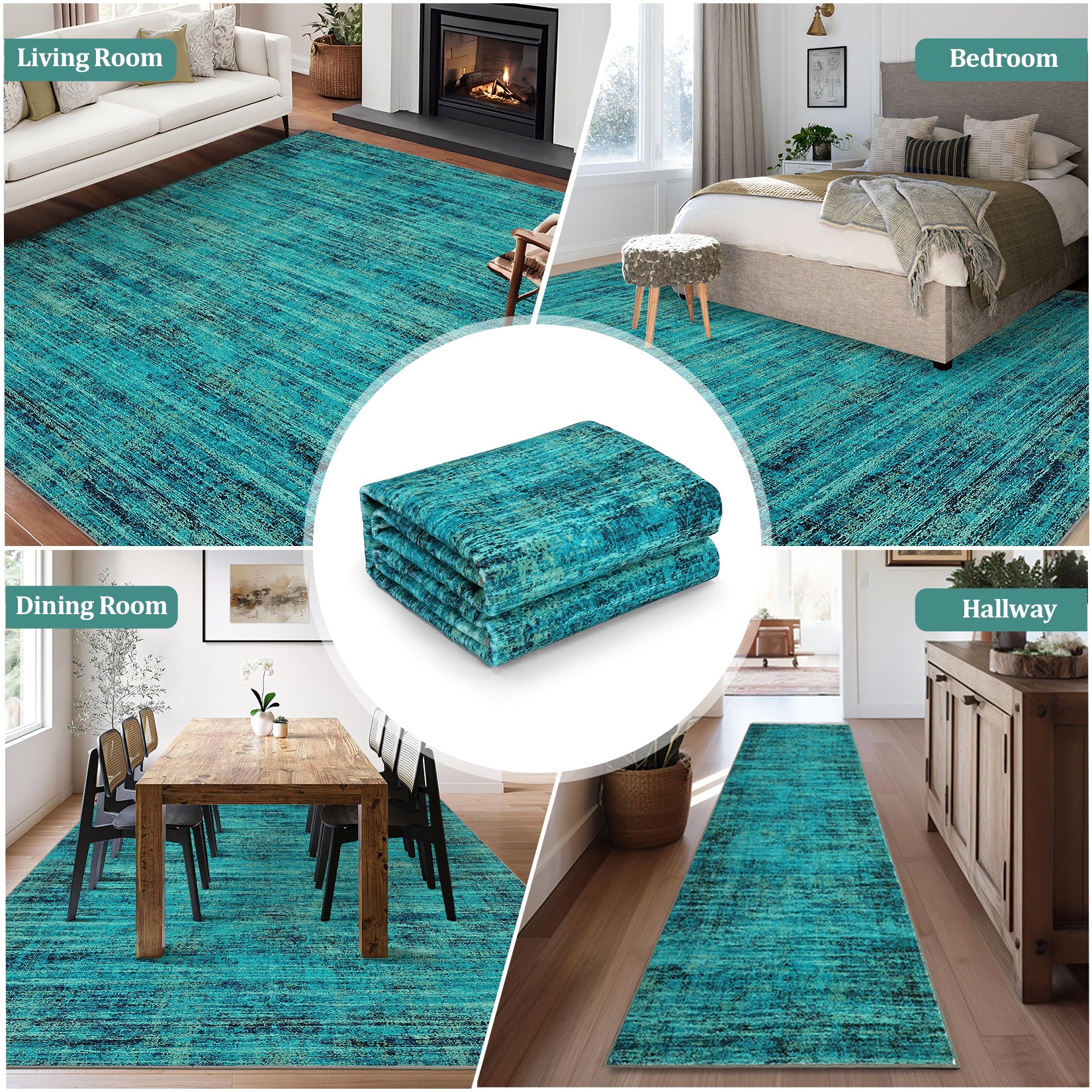 Garvee Persian Green Pine 8x10 Washable Area Rug for Living Room, Soft Vintage Distressed Large Bedroom Rug Retro Farmhouse Non Slip Low Pile Indoor Foldable Carpet for Dining Room Office