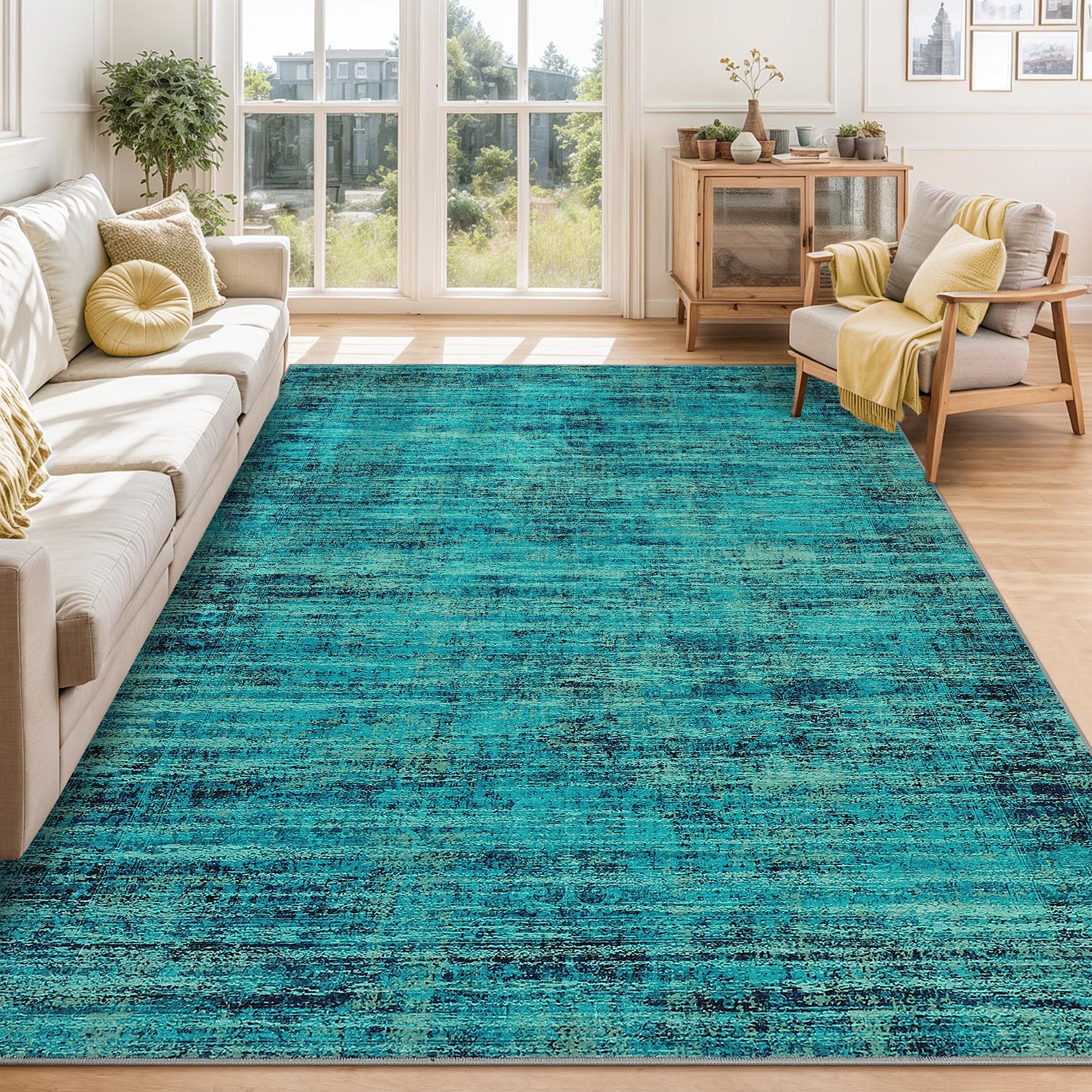Garvee Persian Green Pine 10x13 Washable Area Rug for Living Room, Soft Vintage Distressed Large Bedroom Rug Retro Farmhouse Non Slip Low Pile Indoor Foldable Carpet for Dining Room Office