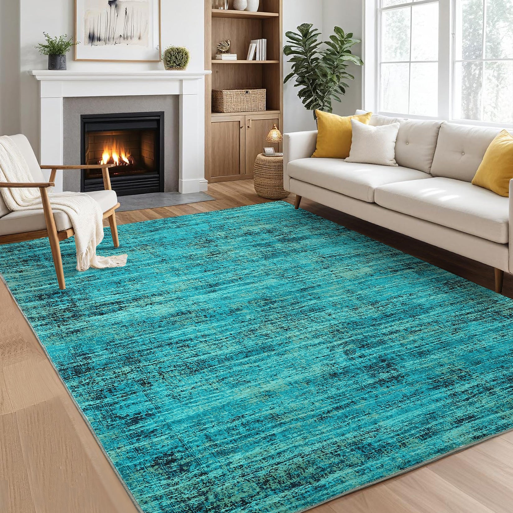 Garvee Persian Green Pine 6x9 Area Washable Rugs, Soft Vintage Distressed Large Living Room Rug Retro Farmhouse Non Slip Low Pile Indoor Foldable Carpet for Bedroom Dining Room Office