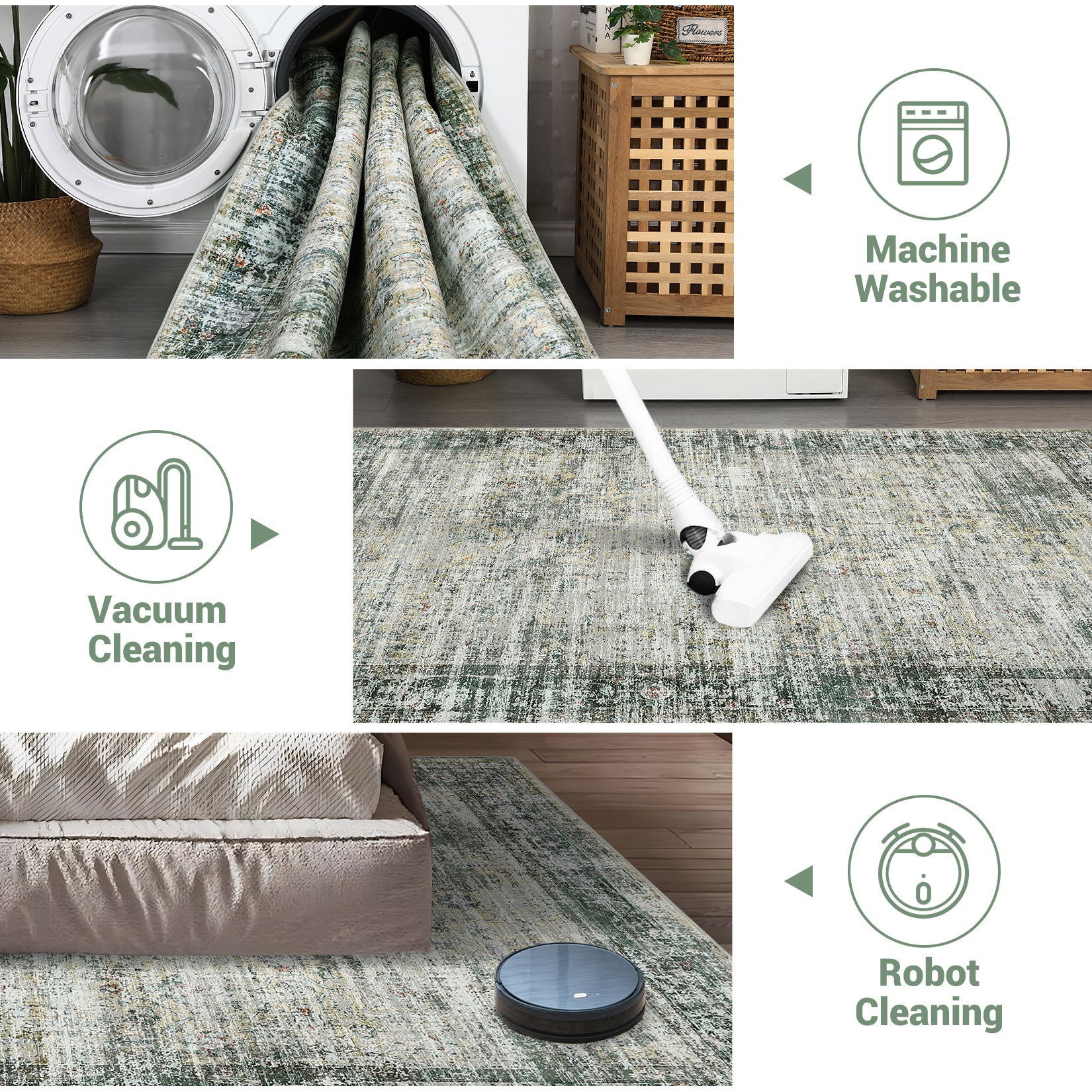 Garvee Persian Green Multi 6x9 Washable Area Rug, Soft Vintage Distressed Large Living Room Rug Retro Farmhouse Non Slip Low Pile Indoor Foldable Carpet for Bedroom Dining Room Office