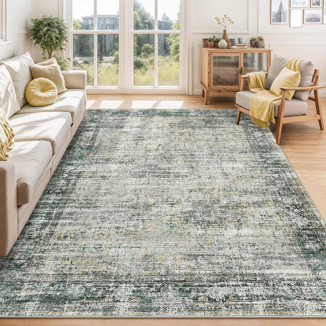 Garvee Persian Green Multi 6x9 Washable Area Rug, Soft Vintage Distressed Large Living Room Rug Retro Farmhouse Non Slip Low Pile Indoor Foldable Carpet for Bedroom Dining Room Office
