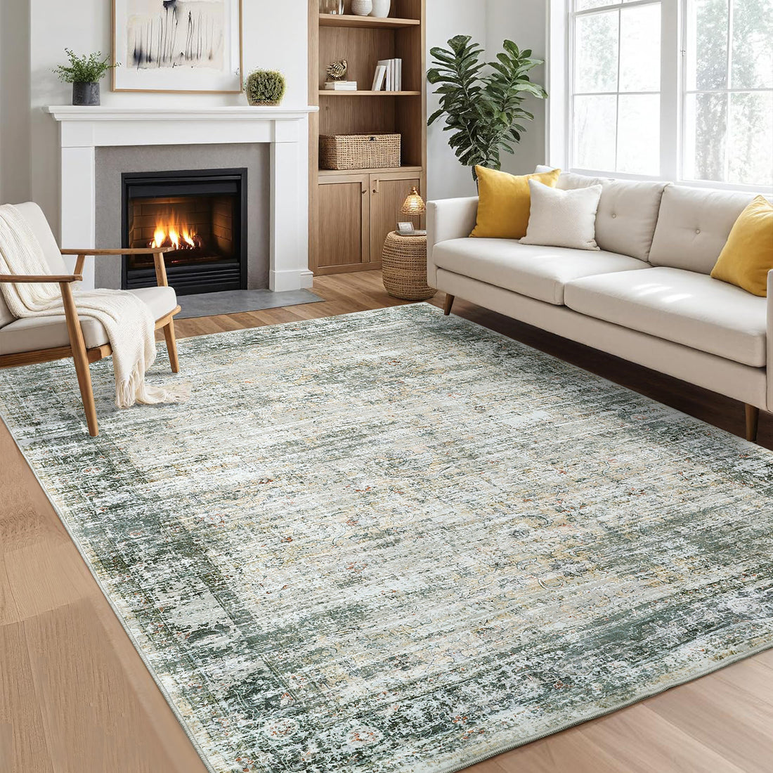 Garvee Persian Green Multi 6x9 Washable Area Rug, Soft Vintage Distressed Large Living Room Rug Retro Farmhouse Non Slip Low Pile Indoor Foldable Carpet for Bedroom Dining Room Office