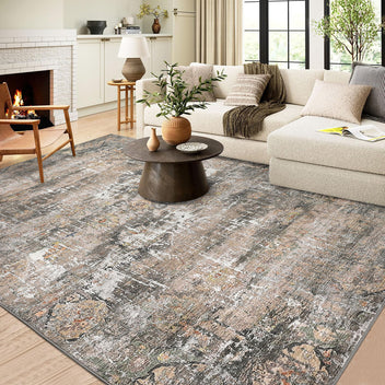 Garvee Washable Area Rugs for Living Room, 10x13 Soft Vintage Large Bedroom Rug Foldable Non-Slip Low Pile Farmhouse Area Rug Carpet for Dining Room Home (Taupe, 10'x13')
