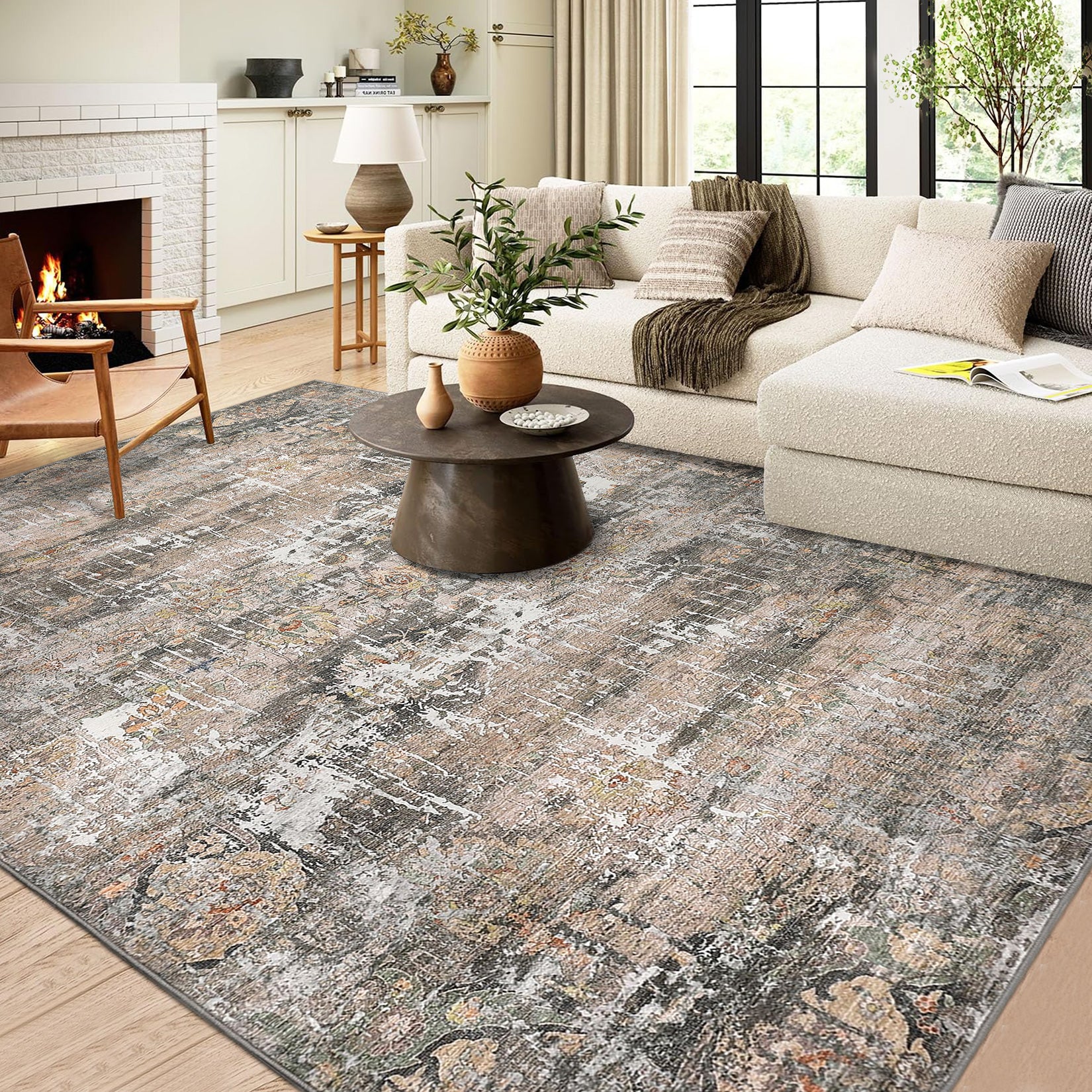 Garvee Washable Area Rugs for Living Room, 9x12 Soft Vintage Large Bedroom Rug Foldable Non-Slip Low Pile Farmhouse Area Rug Carpet for Dining Room Home (Taupe, 9'x12')