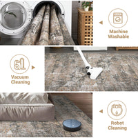 Garvee Washable Area Rugs for Living Room, 9x12 Soft Vintage Large Bedroom Rug Foldable Non-Slip Low Pile Farmhouse Area Rug Carpet for Dining Room Home (Taupe, 9'x12')