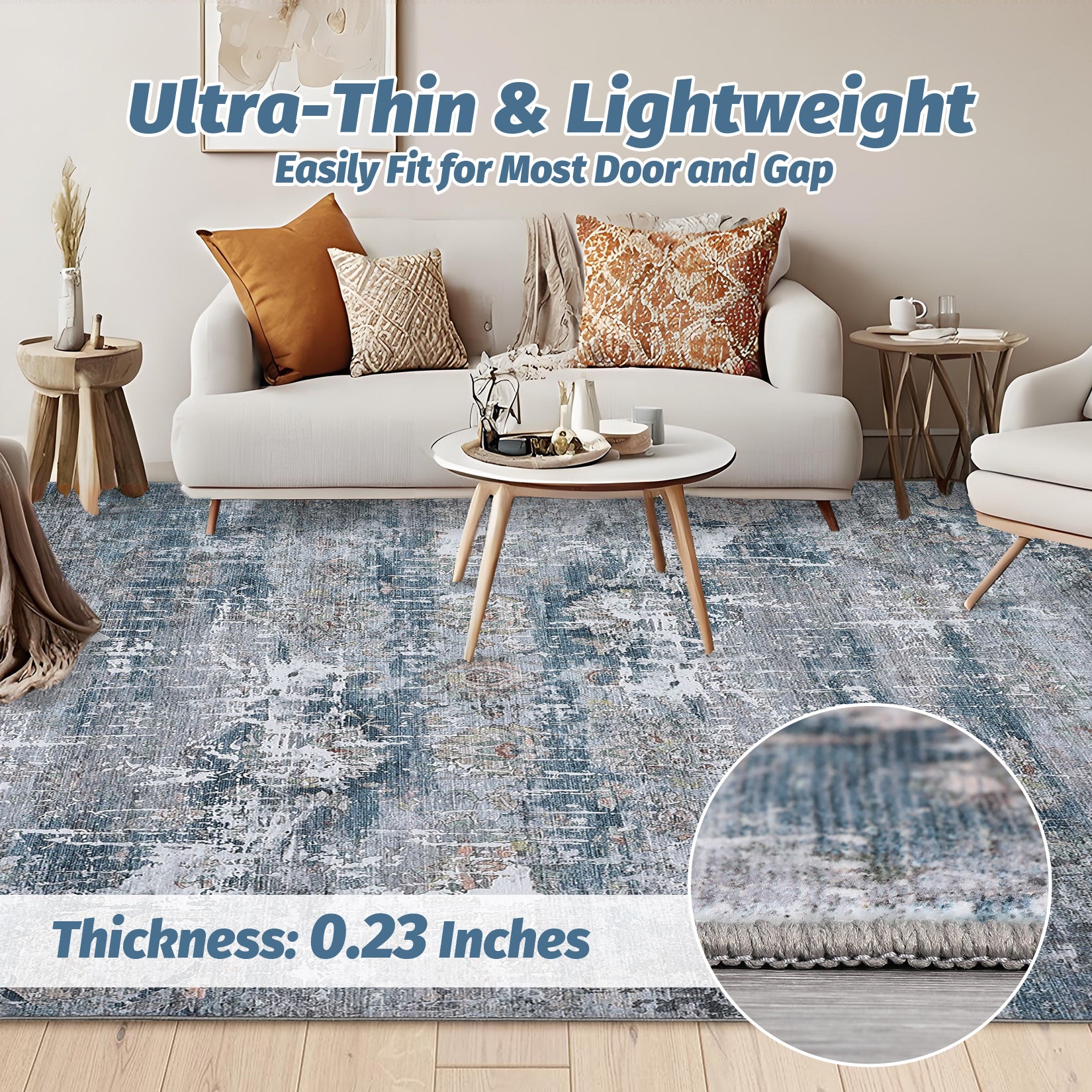 Garvee Vintage Area Rug, 5x7 Boho Washable Living Room Bedroom Rug Retro Non-Slip Non-Shedding Low Pile Farmhouse Area Rug Throw Rug for Dining Room Home (Blue/Grey, 5'x7')