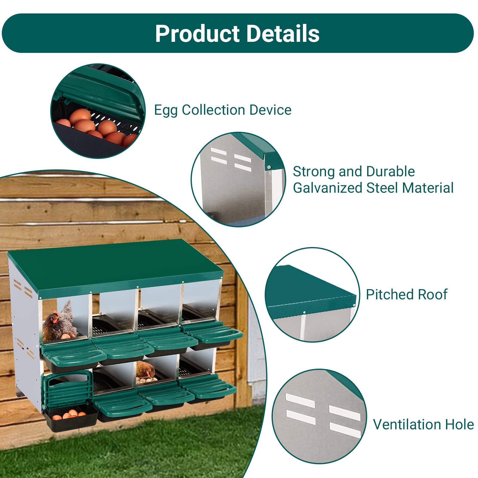 GARVEE 8-Compartment Roll-Away Chicken Nest Box - Green w/Lid Cover for Coop Laying Boxes, Nesting Boxes for Hens