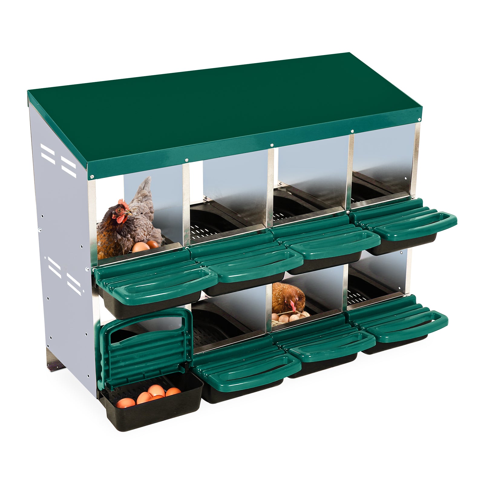 GARVEE 8-Compartment Roll-Away Chicken Nest Box - Green w/Lid Cover for Coop Laying Boxes, Nesting Boxes for Hens