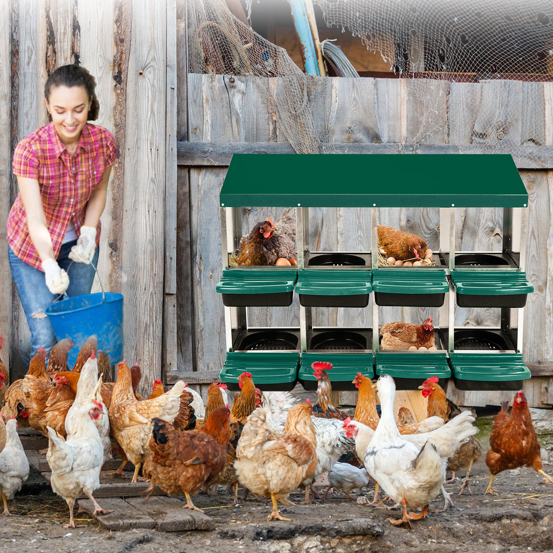 GARVEE 8-Compartment Roll-Away Chicken Nest Box - Green w/Lid Cover for Coop Laying Boxes, Nesting Boxes for Hens