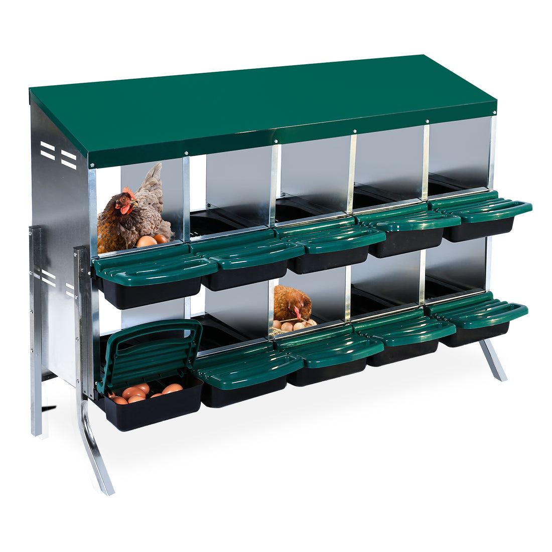 Garvee 10-Compartments Chicken Nest Box - Green Roll-Away Design w/Lid Cover & Legs for Coop Laying Boxes for Hens, Nest Boxes